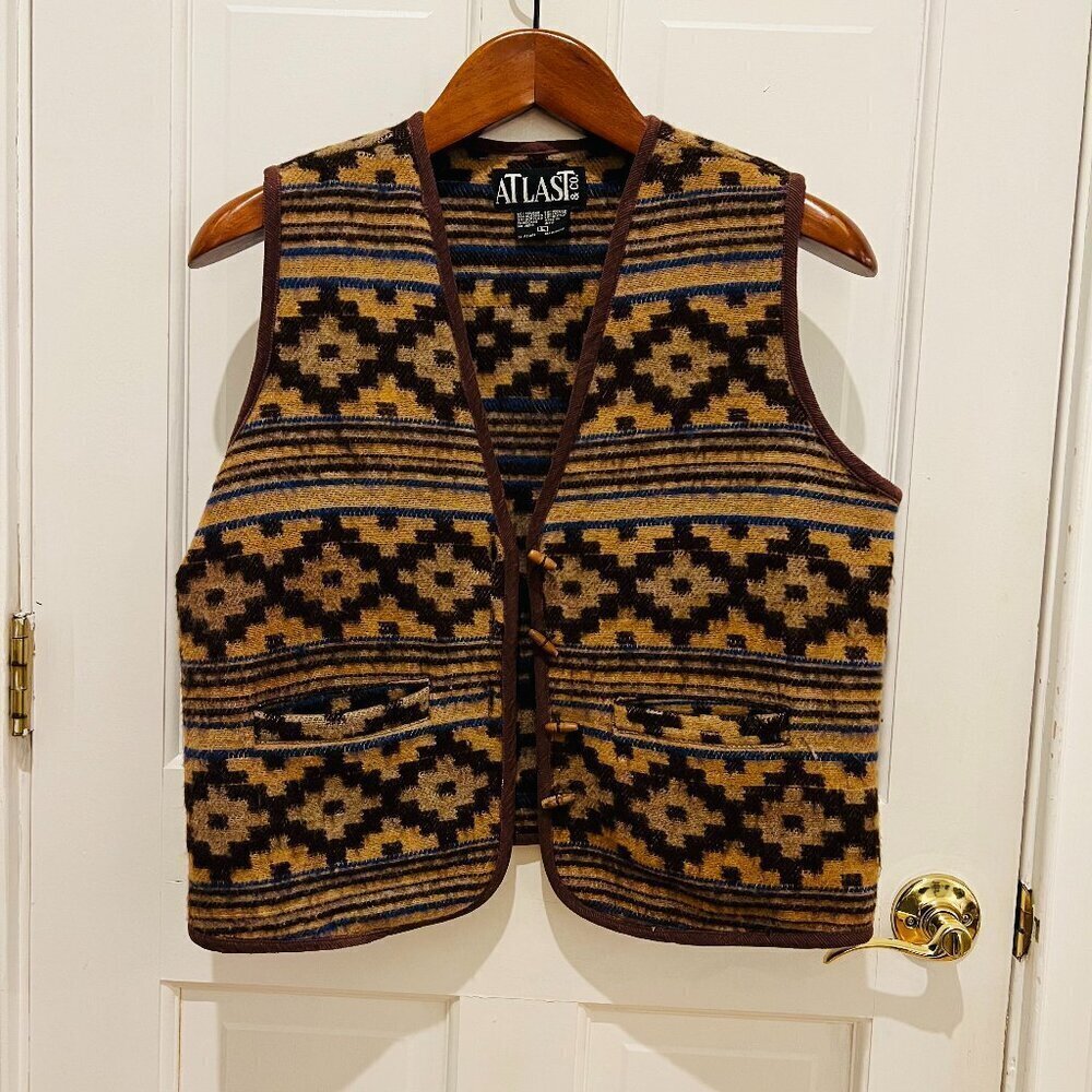 Vintage At Last & Co Womens Large Wool Vest Southwestern Wood Buttons 90s Y2k